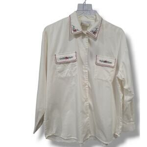 Jantzen Classic SZ L Button Up Top Blouse Floral Embroidered Vintage Cream Red